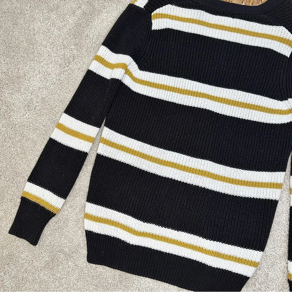 Forever21 Black & Off-White Yellow Striped Open Front Button Cardigan Sweater - Picture 9 of 13